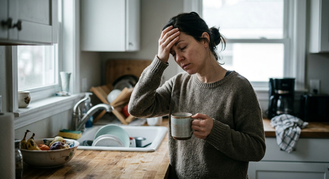 Woman standing in her kitchen, hand pressed to her forehead, holding a cup of coffee