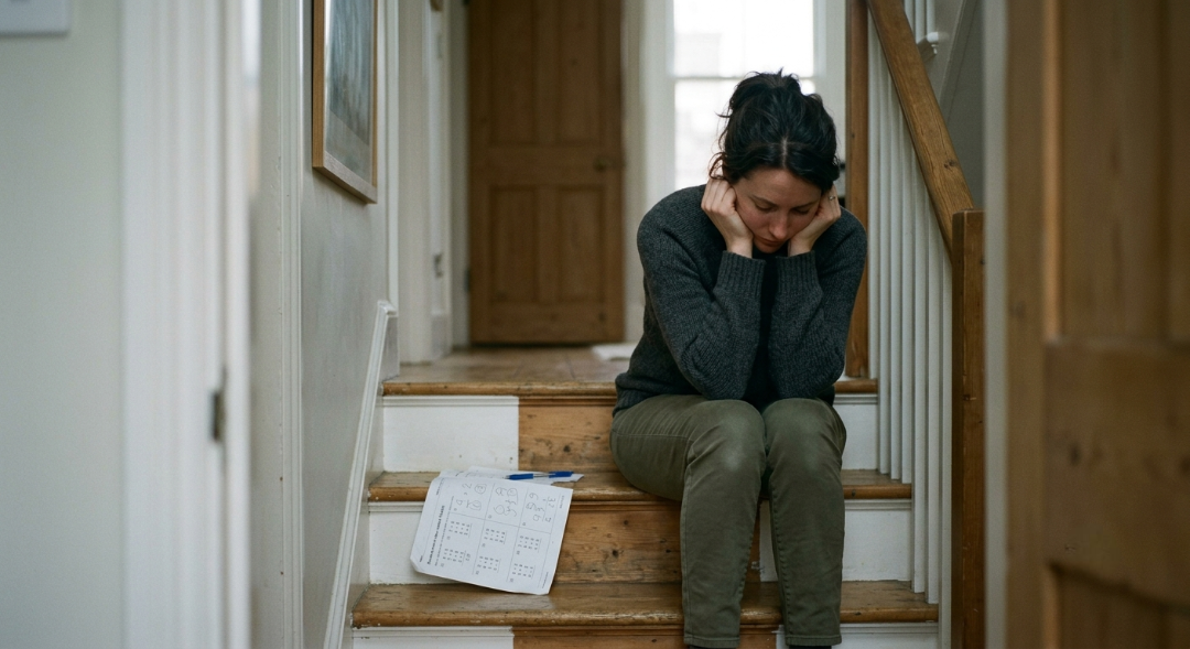 Woman sitting alone on the stairs, head down, a math worksheet beside her