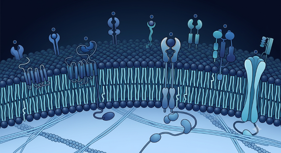 Illustrated diagram of a rigid cell membrane with signaling proteins
