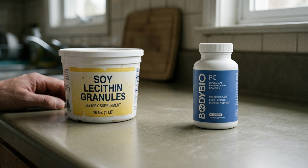 A tub of soy lecithin granules next to a BodyBio PC bottle on a kitchen counter