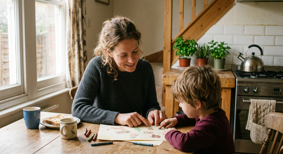 Mother and son smiling together at the kitchen table, drawing